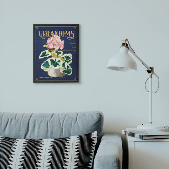 Stupell Industries Geraniums Blue Gold Flower Word Design in Frame Wall Art